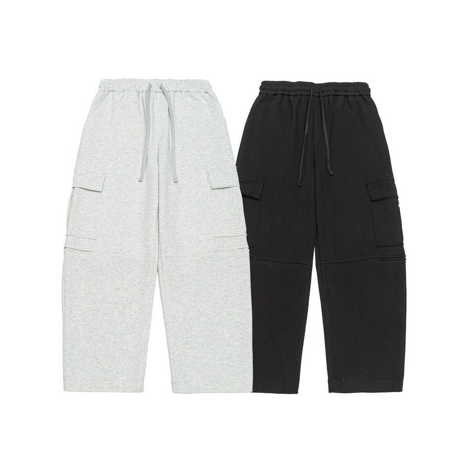 Light gray and black wide-leg cargo pants shown side by side from the front.
