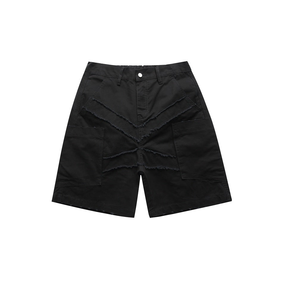 Black knee-length cargo shorts with frayed X-shaped seams on the front and large side patch pockets