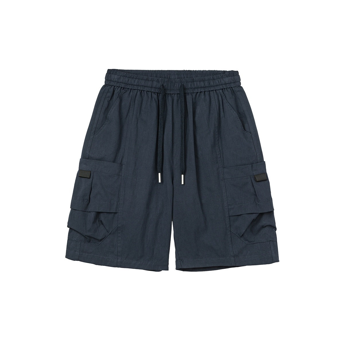 Navy blue cargo shorts flat lay front view with drawstring waist and large leg pockets with black tabs