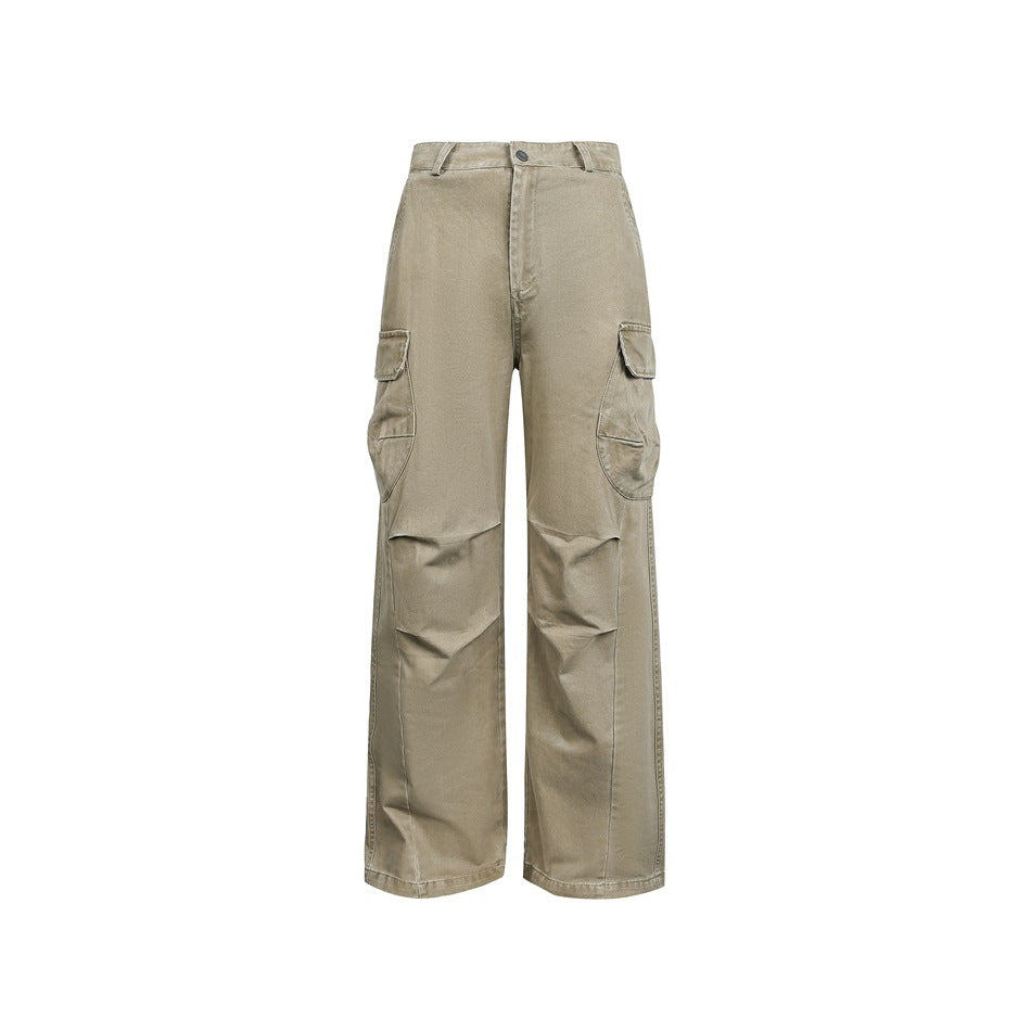 Light khaki washed cargo pants with side flap pockets and knee pleats, flat front view