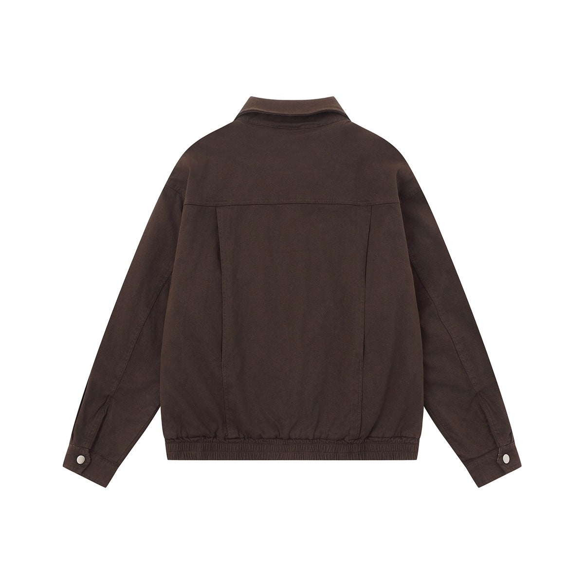 Back view of a dark brown jacket with a pointed collar, panel seams, elasticized hem and buttoned cuffs.
