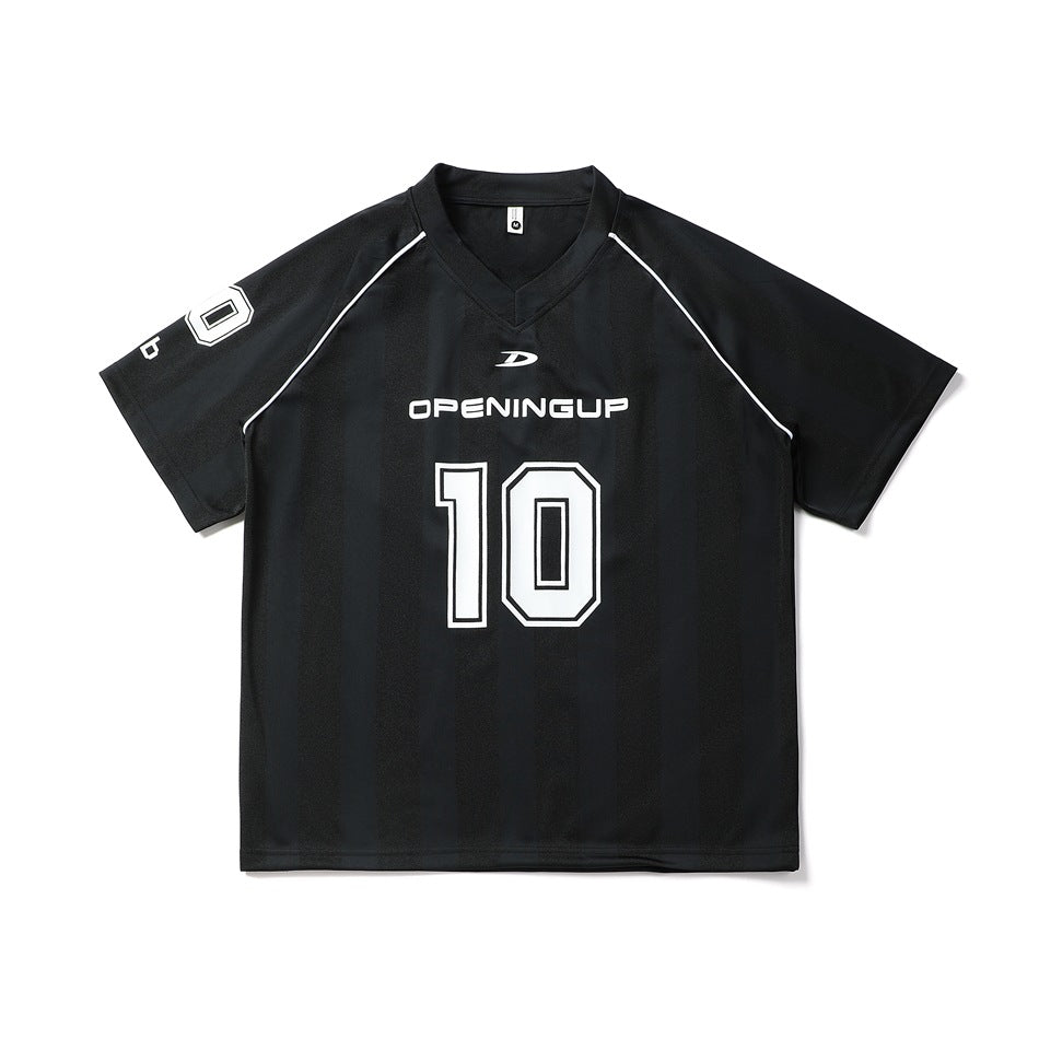 Black striped short-sleeve V-neck jersey-style tee with white piping and large white number 10 print, flat lay front