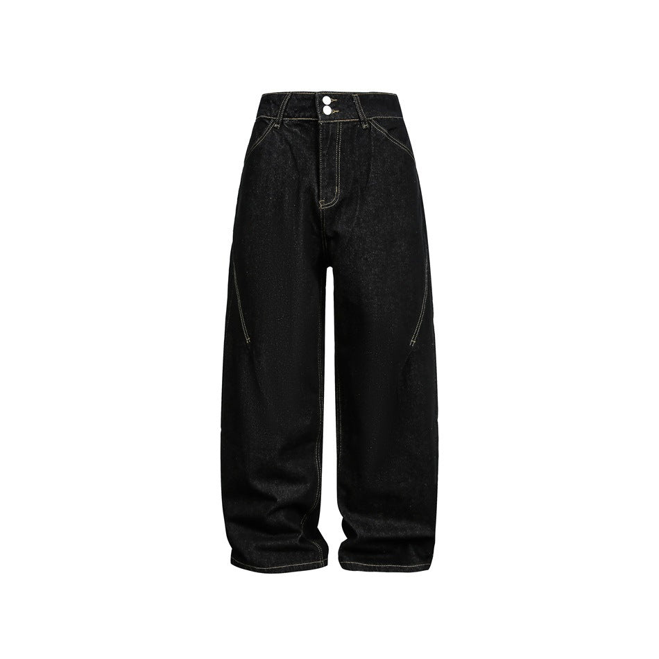 Black wide-leg jeans front view with contrast stitching, two-button waistband and curved leg seams