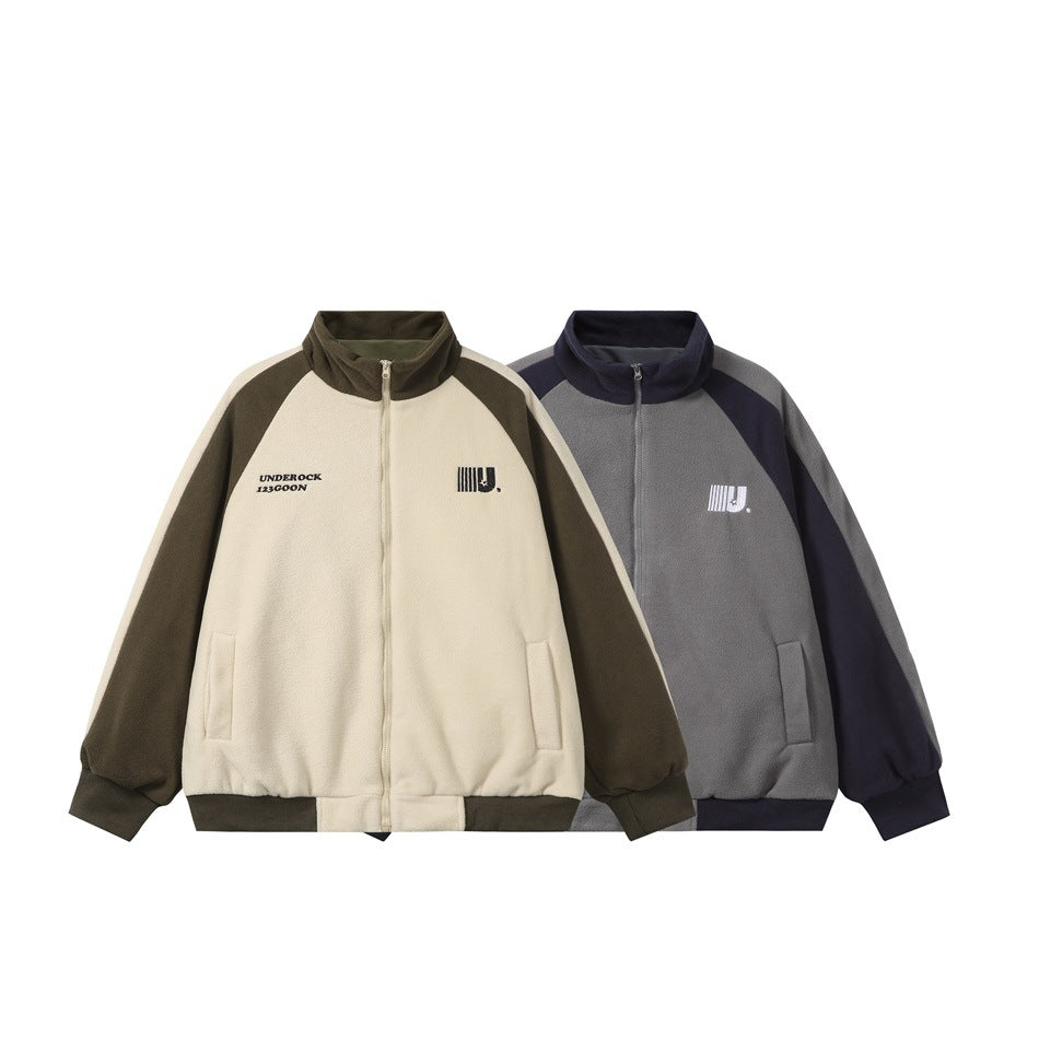 Two zip-up jackets shown side by side: cream with olive accents and gray with navy accents.