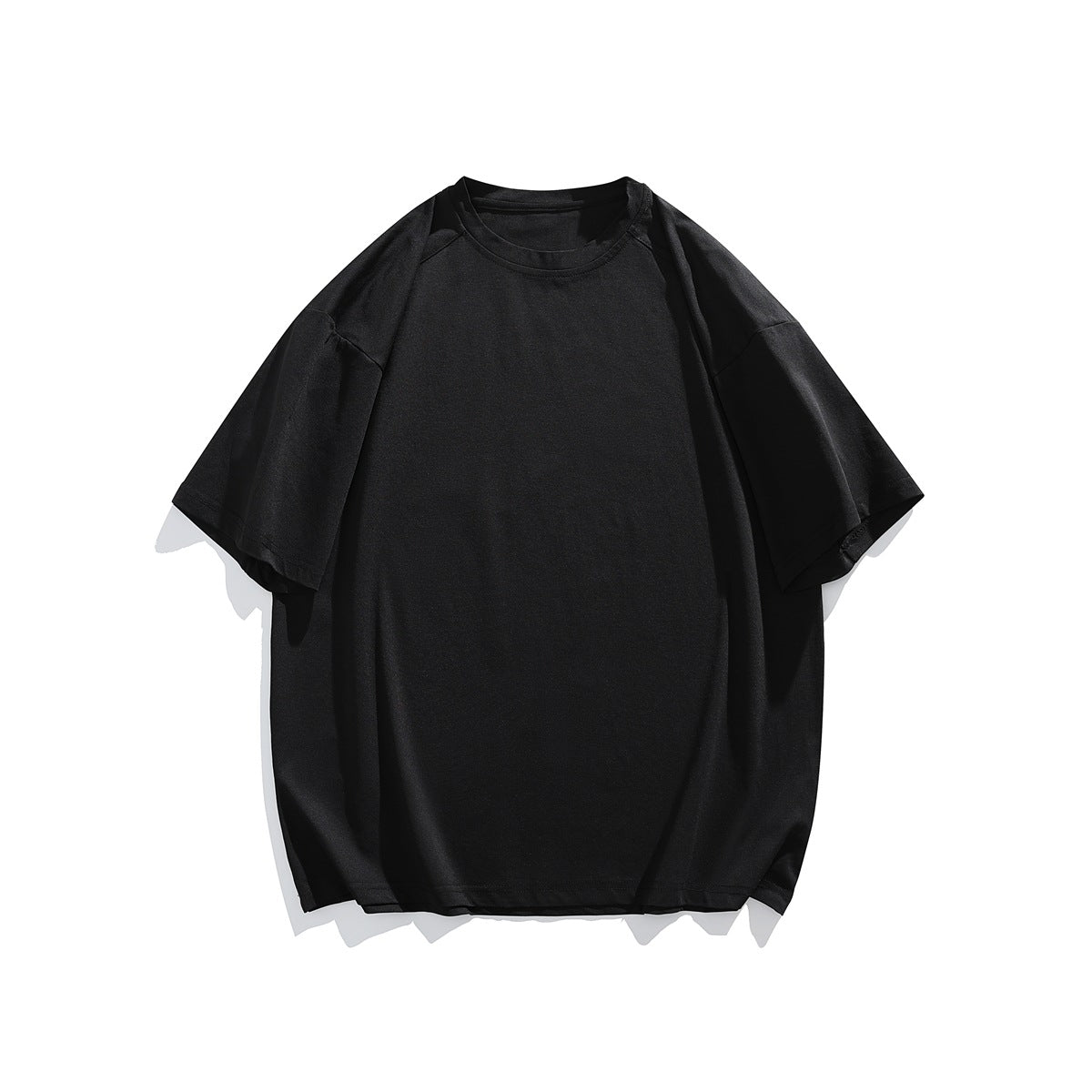 Black short-sleeve crew neck T-shirt with dropped shoulders, flat lay front view