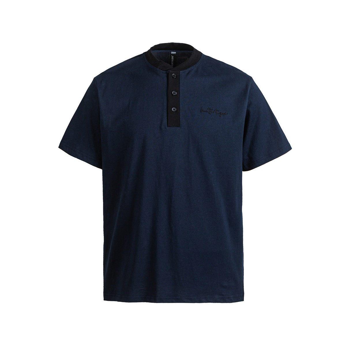 Navy blue short-sleeve Henley T-shirt with black band collar, three-button placket and embroidered chest lettering
