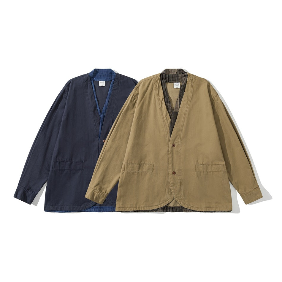 Two flat-laid jackets shown from the front: one navy and one khaki, both with plaid inner trim and front pockets.