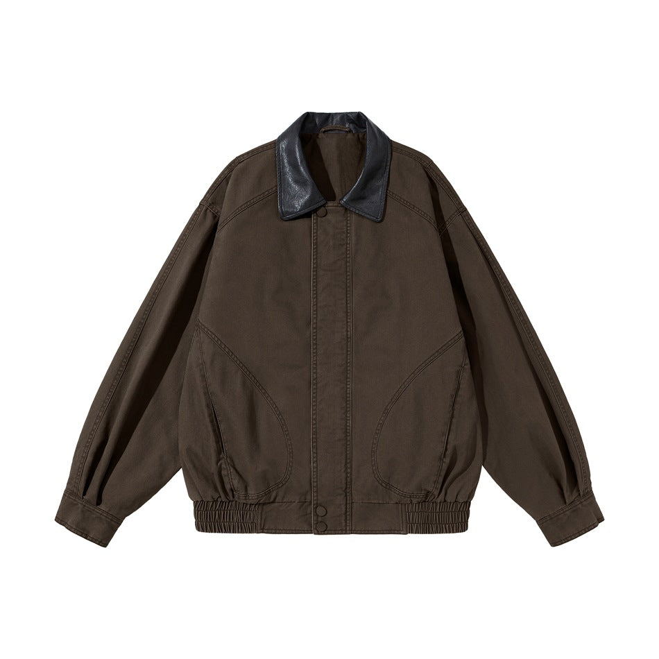 Dark brown bomber-style jacket with black leather-look collar, contrast stitching and elastic hem, flat front view