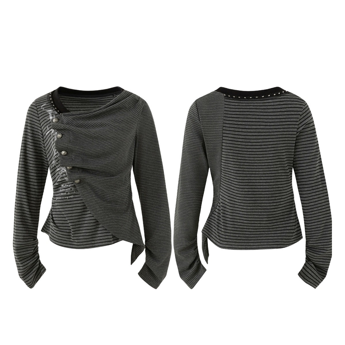 Isolated front and back views of a charcoal striped asymmetrical top with decorative buttons and studded neckline trim.