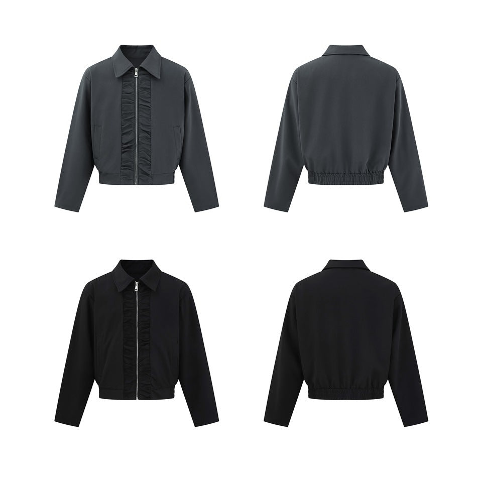 Gray and black cropped zip jackets shown in front and back flat views, with ruched center panel and elastic hem