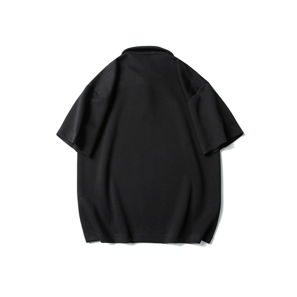 Black short-sleeve polo shirt flat lay, back view, with plain back, folded collar and drop shoulders