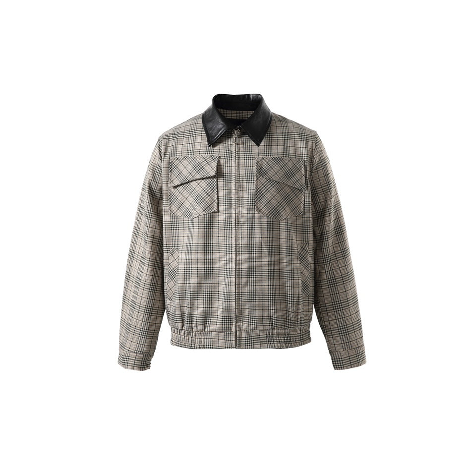 Beige, black and gray plaid zip jacket with black collar, flap chest pockets and elastic hem, front view
