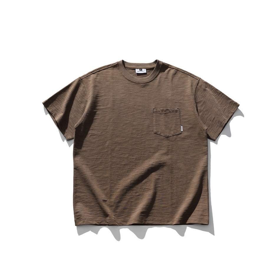 Brown short-sleeve crew-neck T-shirt with chest pocket, flat lay front view