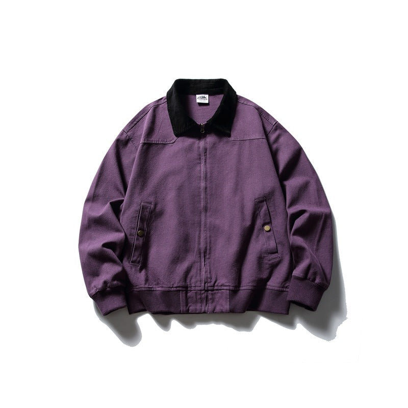 Purple zip jacket with black corduroy collar, snap-flap side pockets and ribbed cuffs and hem, flat lay