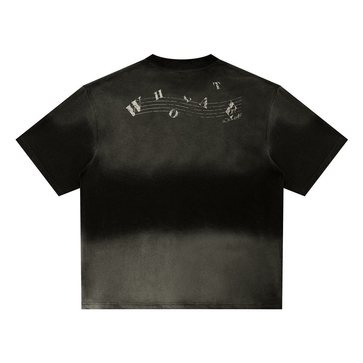 Back view of a charcoal short-sleeve T-shirt with distressed lettering and musical staff graphics.