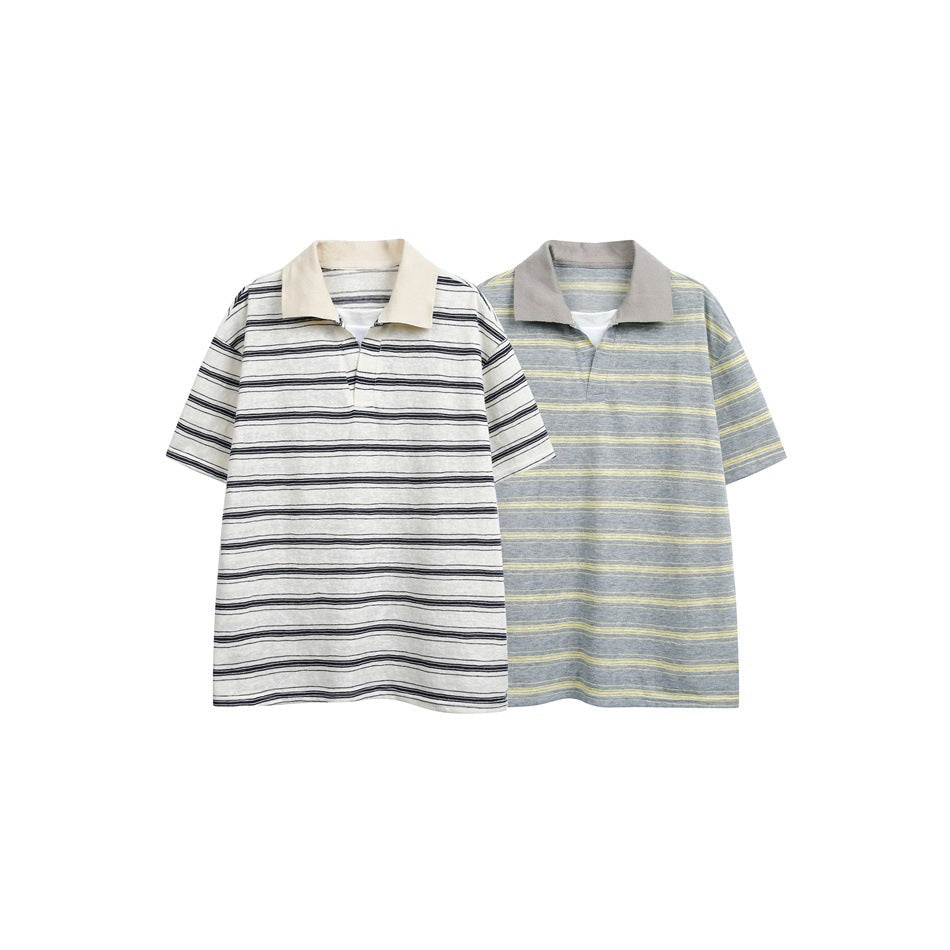 Two short-sleeve striped polo shirts shown flat: ivory with navy stripes and gray with pale yellow stripes.