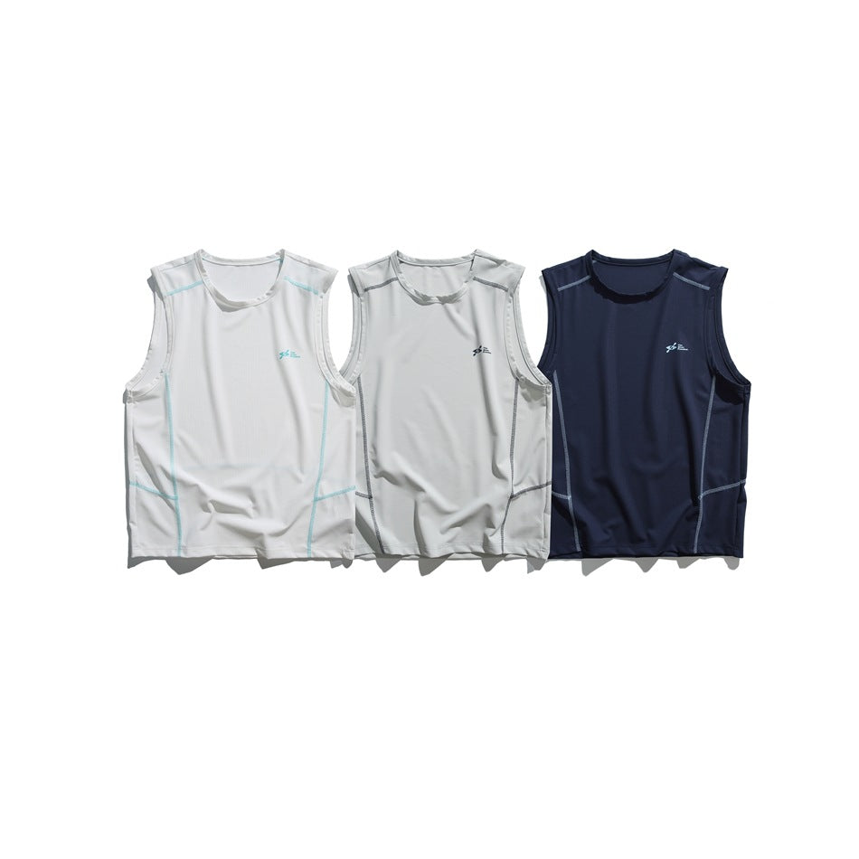 Three sleeveless tops shown from the front in white with turquoise seams, light gray, and navy.