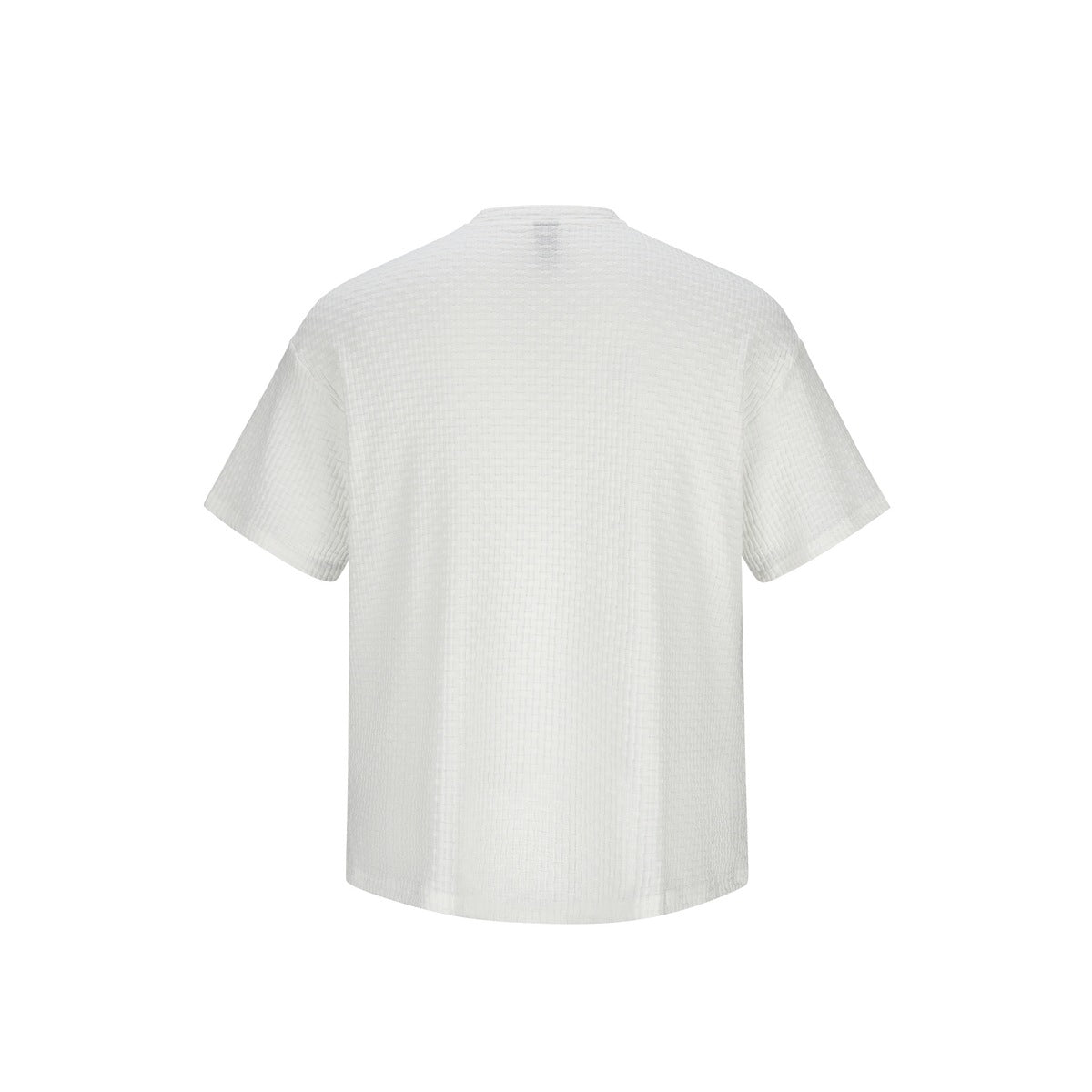 Back view of a white short-sleeve shirt with a stand collar and subtle textured fabric.