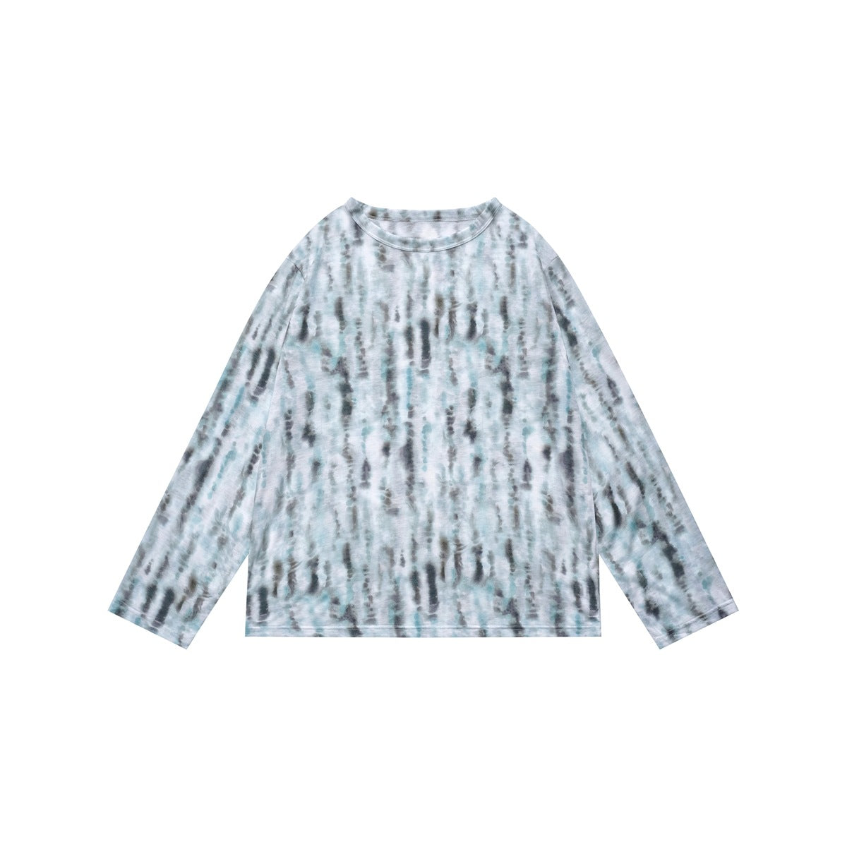 Blue-gray tie-dye print long-sleeve crew-neck top laid flat, front view