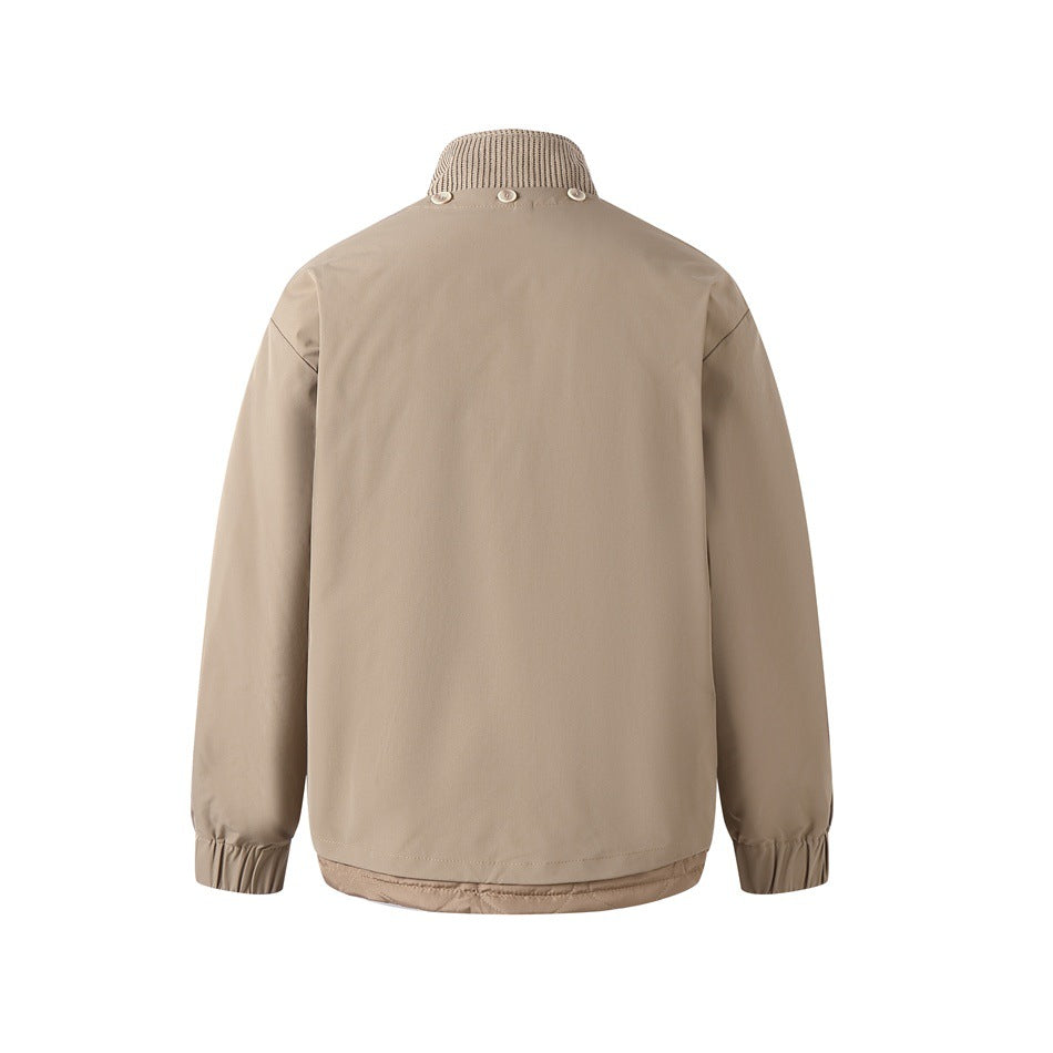 Back view of a tan jacket with a rib-knit collar, plain body, and elastic cuffs.