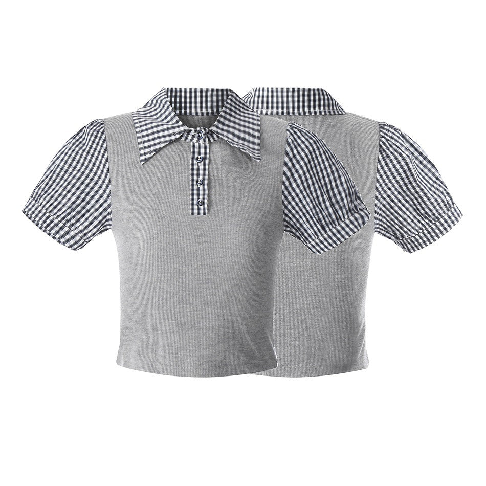 Gray cropped top shown from the front and back, with a gingham collar, button placket, and short puff sleeves.