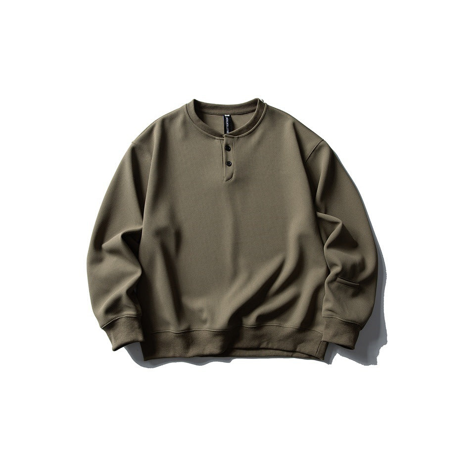 Front view of an olive long-sleeve sweatshirt with a short two-button placket and ribbed trim.