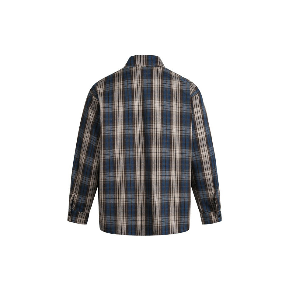 Back view of a blue, brown and cream plaid long-sleeve button-up shirt on a plain white background.