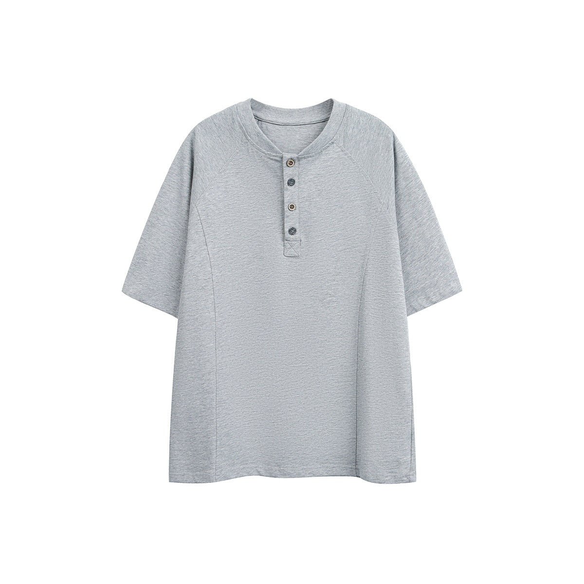 Front view of a heather gray short-sleeve Henley T-shirt with raglan seams and a four-button placket.