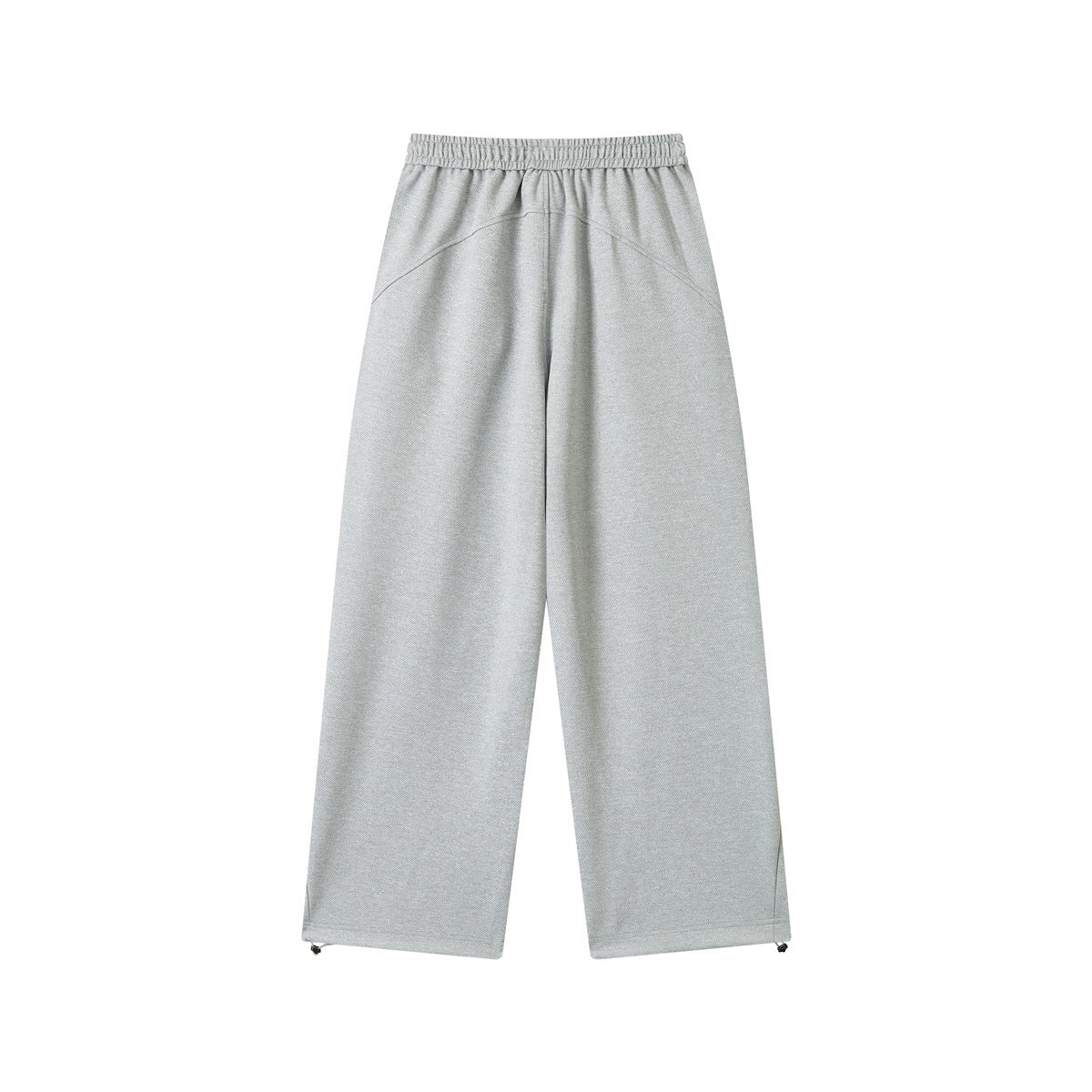 Back view of heather gray wide-leg sweatpants with an elastic waistband, curved yoke seam and toggle hems