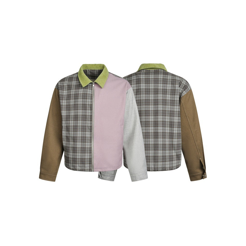 Front and back product views of a zip-front patchwork jacket with plaid panels, contrasting sleeves, and a green collar.