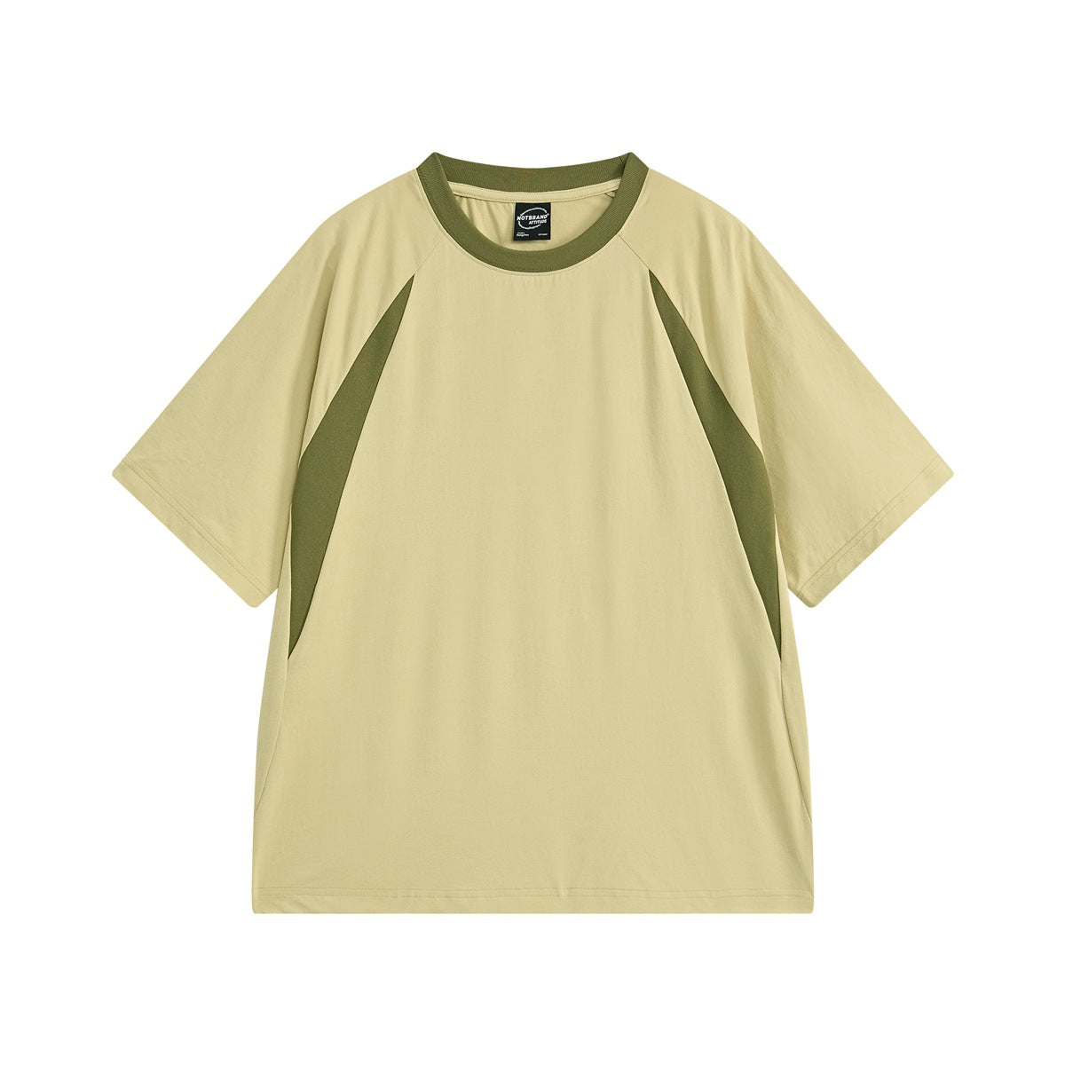 Yellow short-sleeve raglan T-shirt with olive green neckband and curved olive side panels, front flat lay