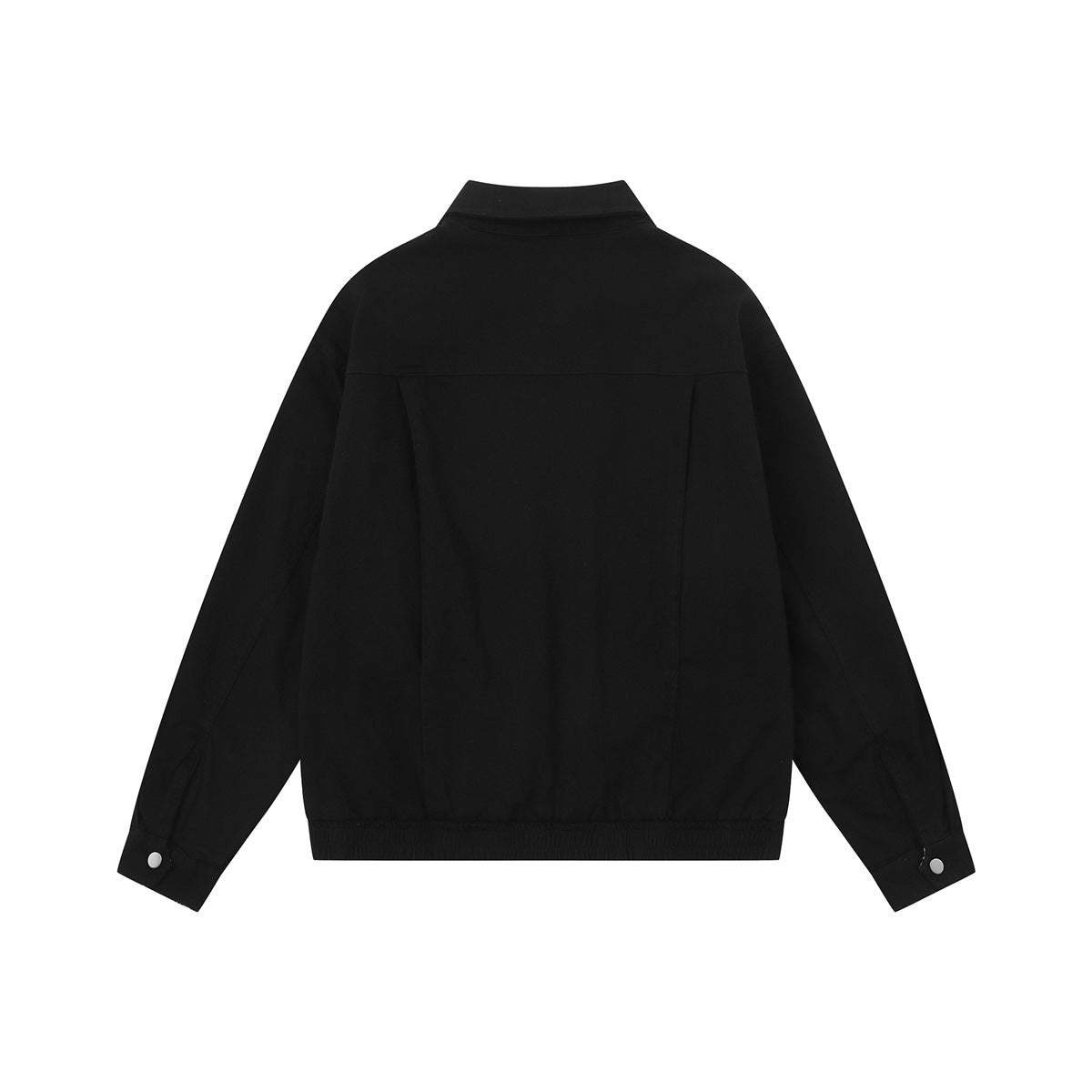 Back view of a black collared jacket with long sleeves, a gathered hem, and snap cuffs.