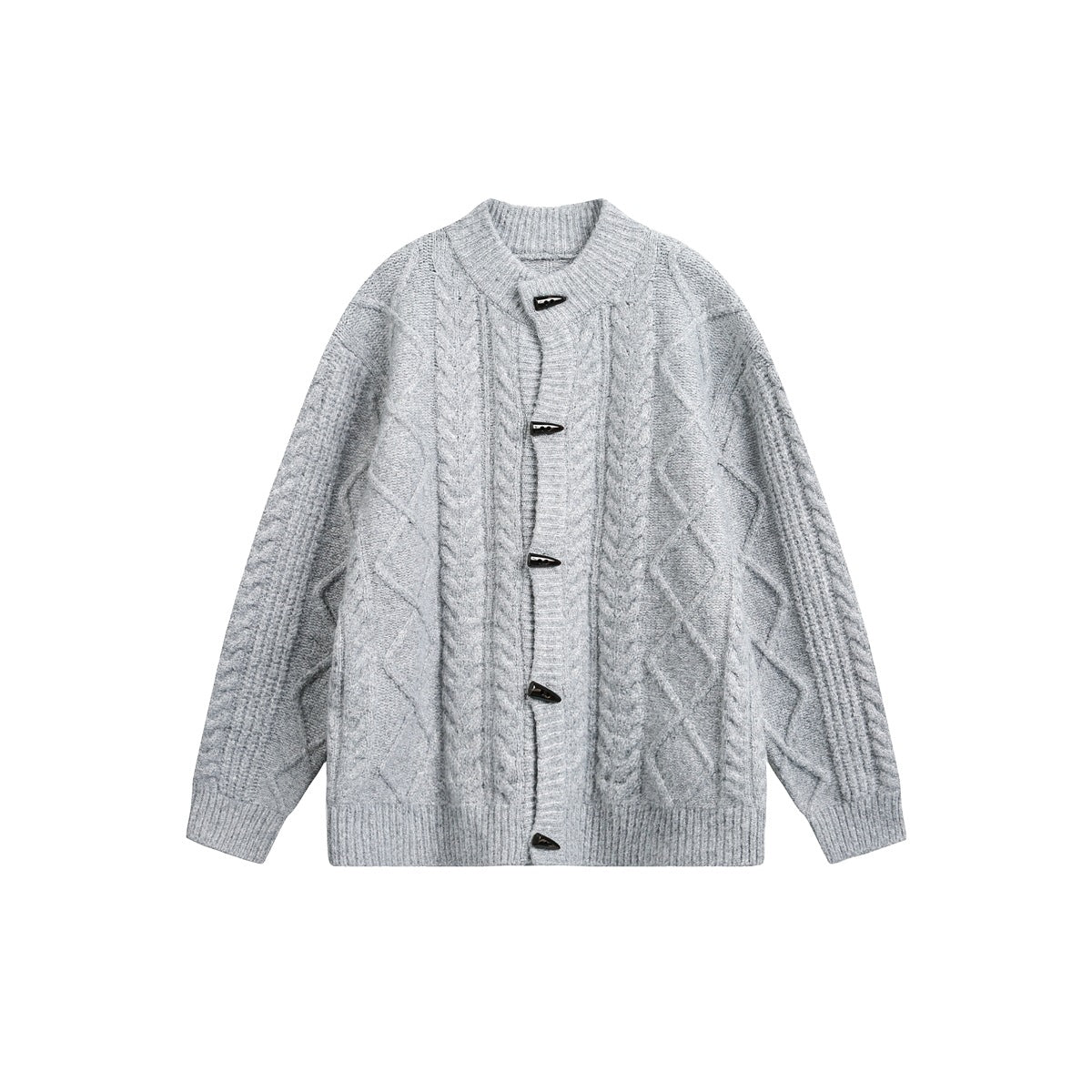 Light gray cable-knit cardigan with horn-shaped toggle buttons, flat front view