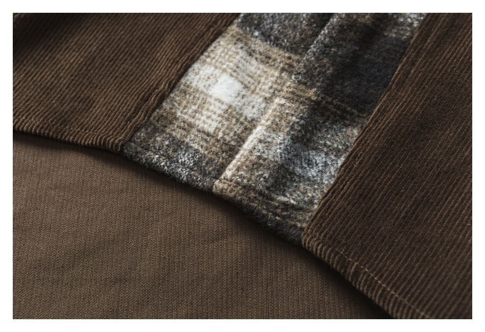 Close-up of brown ribbed corduroy beside a gray, cream, and brown plaid panel.