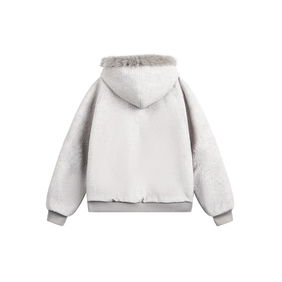Back view of a light gray hooded jacket with fur trim, ribbed cuffs and hem, and subtle sunburst sleeve embroidery.
