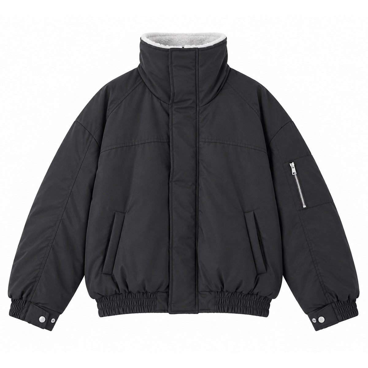Black stand-collar padded bomber jacket with white fleece-like collar lining, sleeve zip pocket and elastic hem, flat lay