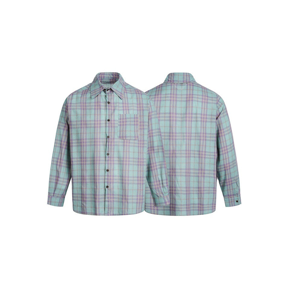 Pastel aqua plaid button-up shirt shown from the front and back, with a pointed collar, dark buttons, and one chest pocket.