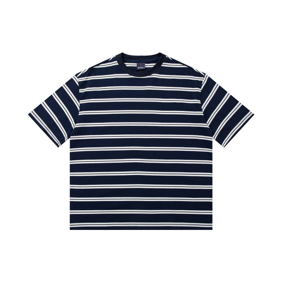 Front view of a navy short-sleeve crew-neck T-shirt with thin white horizontal stripes.