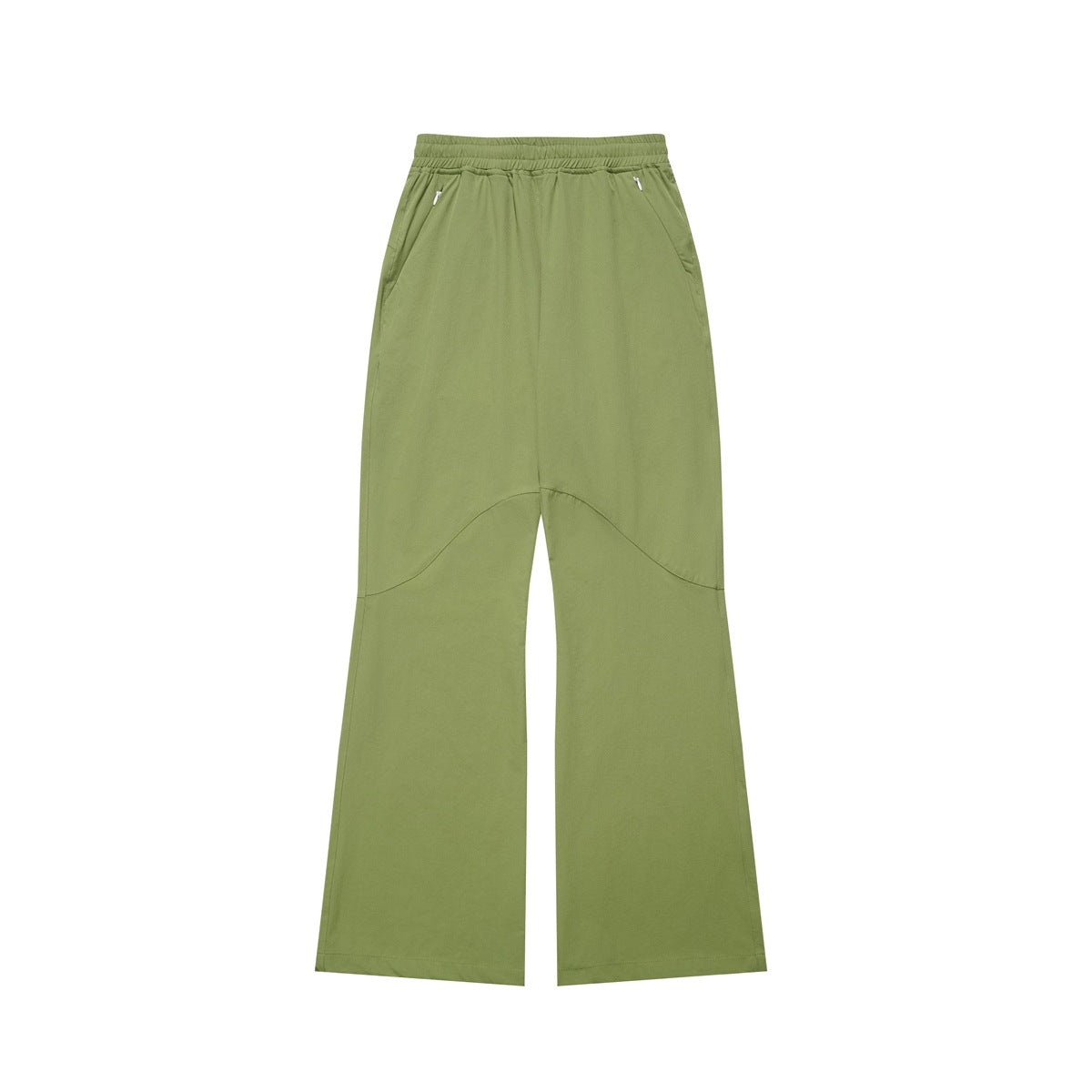 Green flared elastic-waist pants flat lay with side pockets and curved knee seam