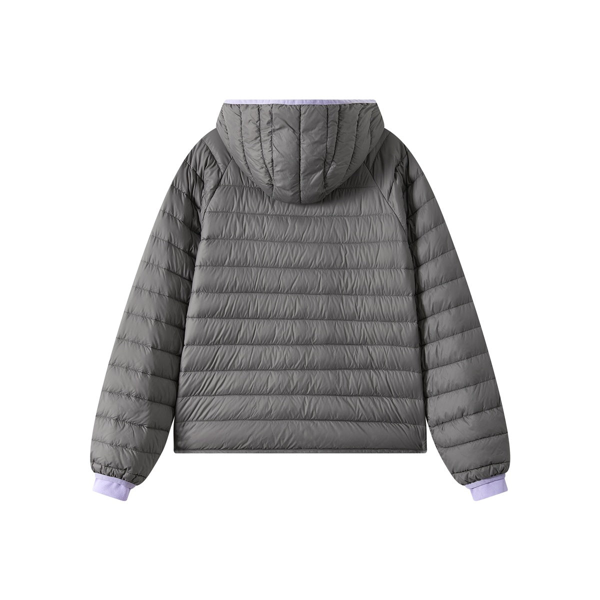 Back view of a charcoal gray quilted hooded jacket with pale lavender trim at the hood edge and cuffs.