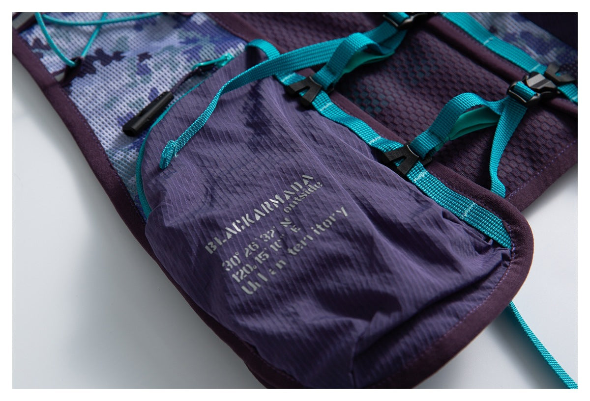 Close-up of a purple backpack pocket with turquoise straps, black buckles, and small light-colored lettering.