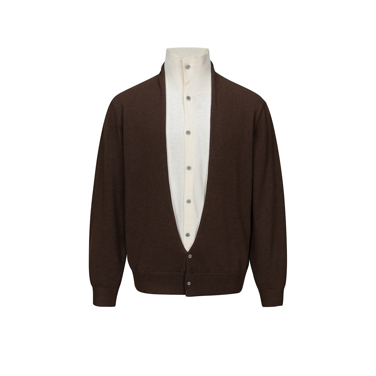 Front view of a dark brown cardigan over a cream button-front high-neck top, displayed against white.