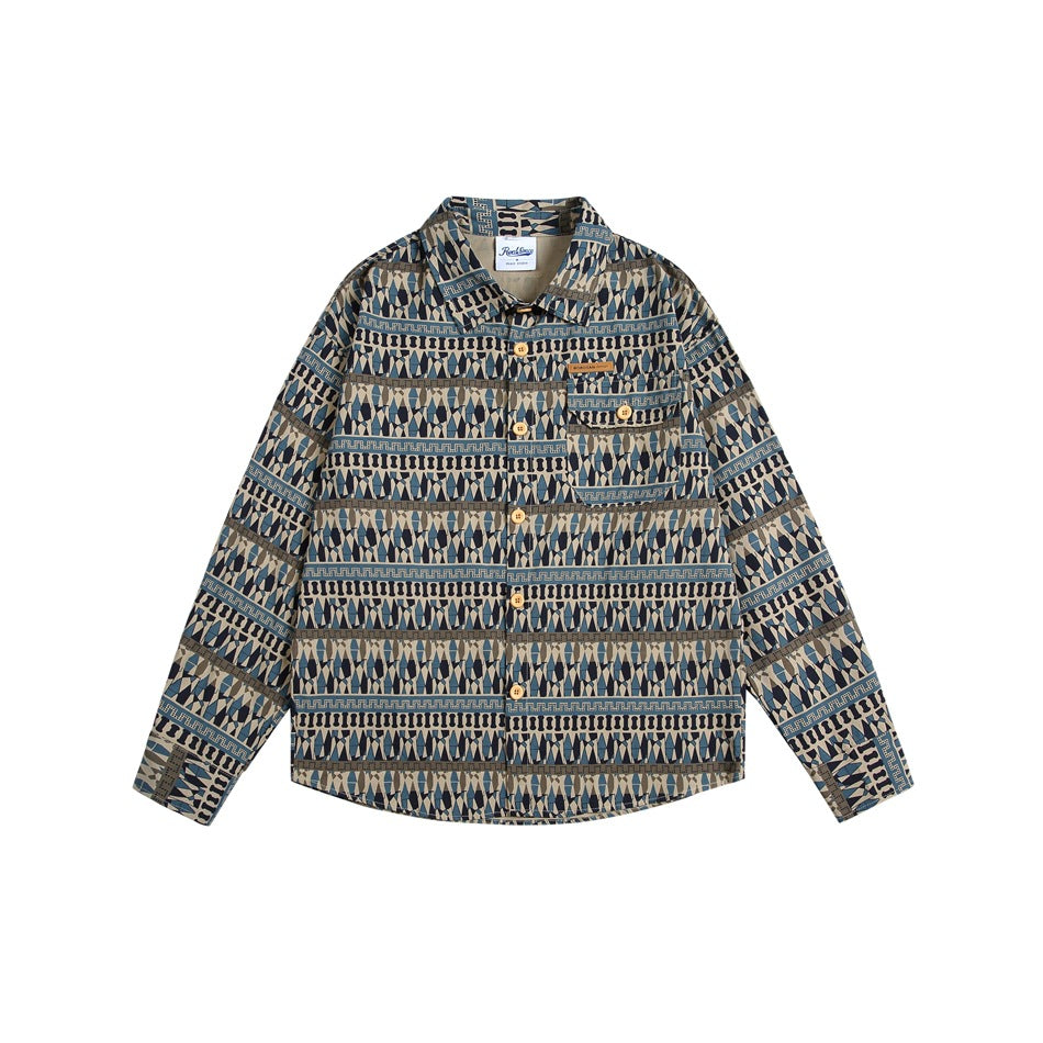 Blue, navy and beige geometric striped long-sleeve button-up shirt with chest pocket, flat lay front view