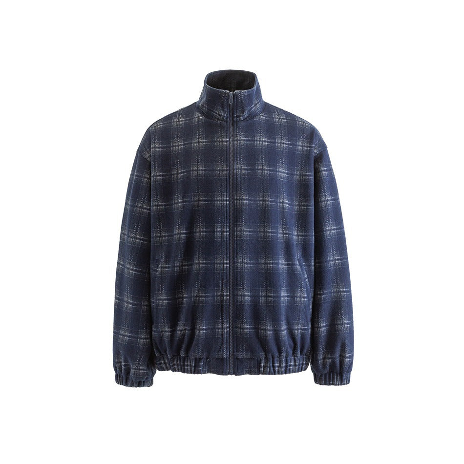 Front view of navy plaid zip jacket with stand collar, drop shoulders and ribbed cuffs and hem on a white background