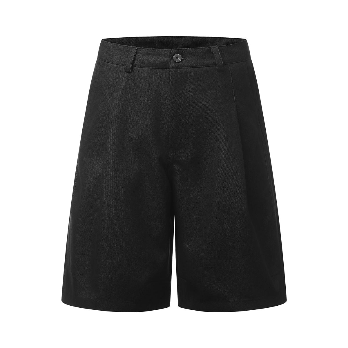 Black knee-length wide-leg pleated shorts with button waistband and belt loops, front flat view
