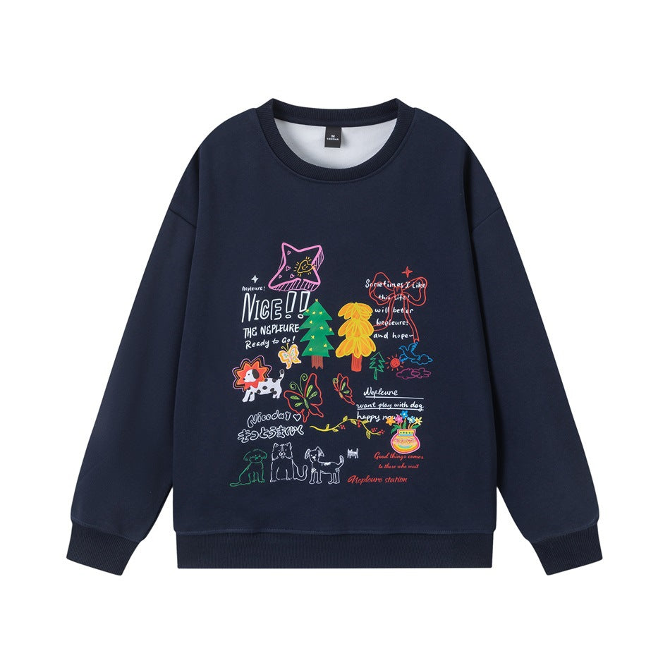 Navy blue crew-neck sweatshirt with colorful illustrated trees, dogs and butterflies print on the front