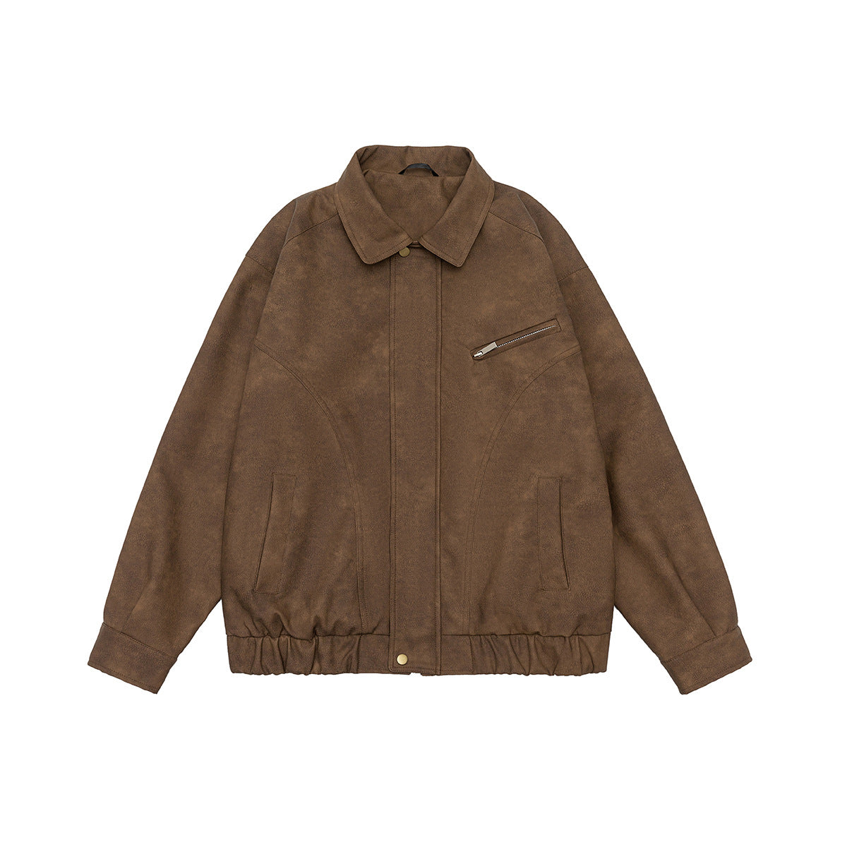 Brown collared zip-front jacket flat lay with chest zip pocket, side pockets and elastic hem