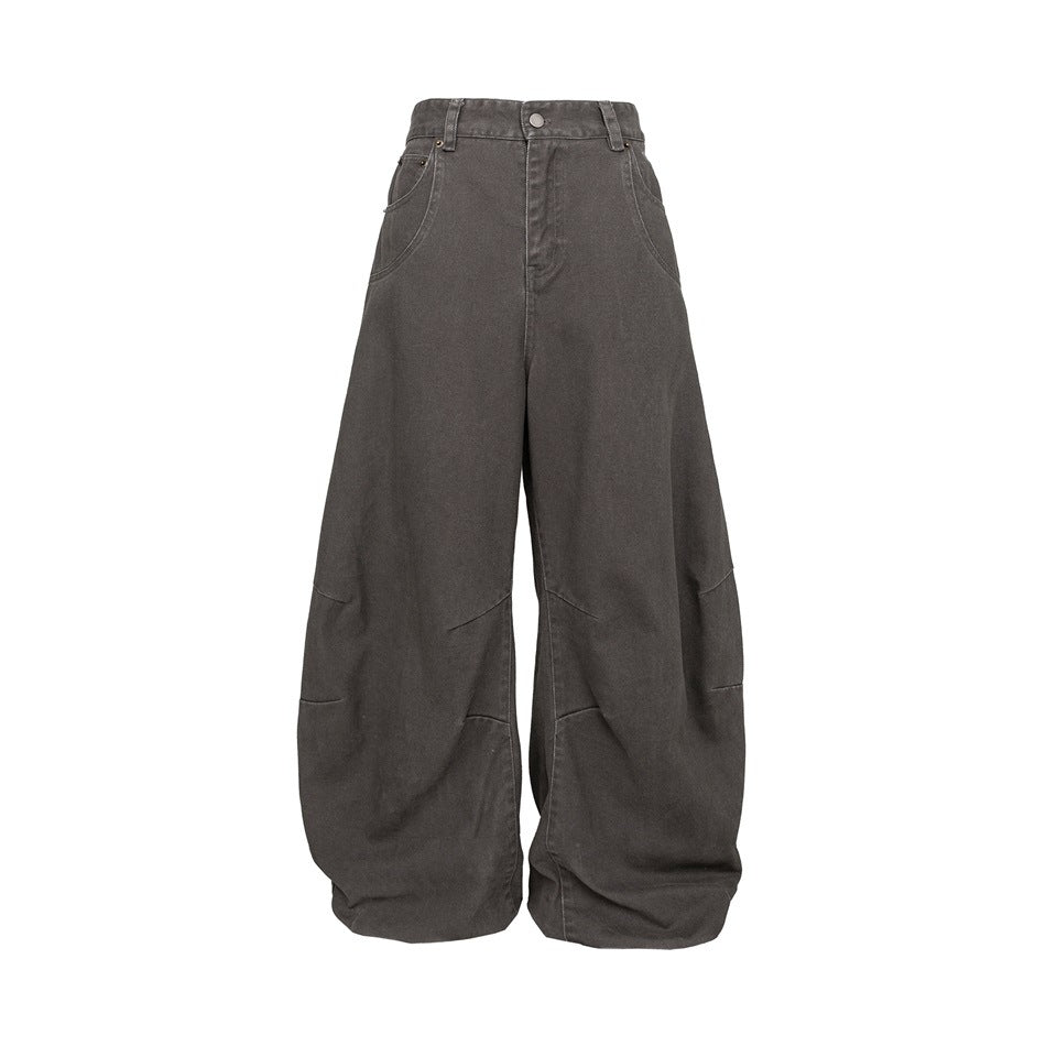 Dark gray high-waisted wide-leg barrel pants, flat front view with curved pockets and knee seams