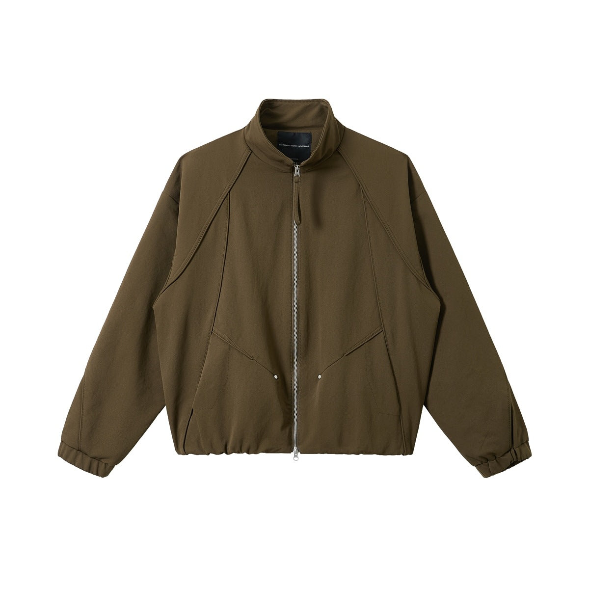 Dark khaki stand-collar zip jacket with raglan seams, angled front pockets, snap studs and elastic cuffs, flat lay