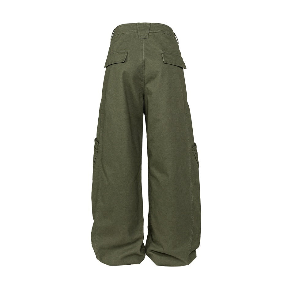 Back view of olive-green, wide-leg cargo pants with flap pockets at the rear and sides.